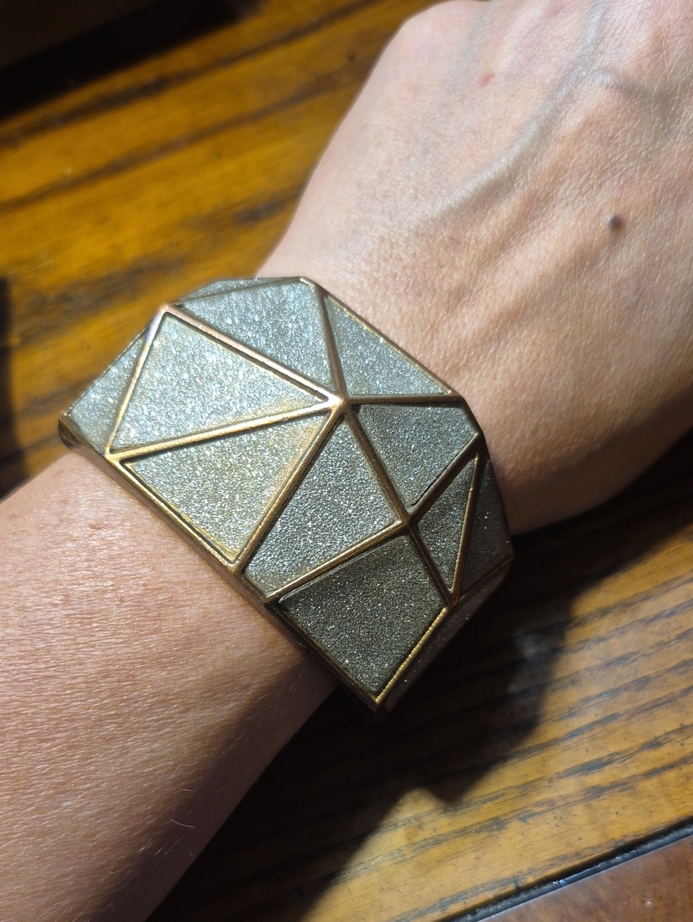 Copper Wide Clamper Bracelet Silver Shiny Sparkling Glitter Geometric Shape